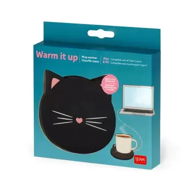 Aquecedor de canecas cabeça de gato preto em embalagem azul