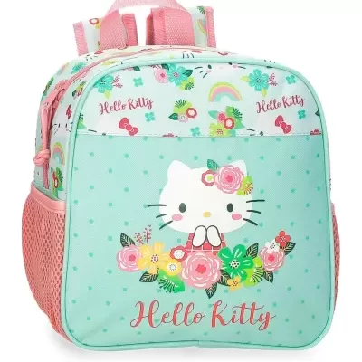 Mochila infantil Hello Kitty com padrão de flores coloridas e texto Hello Kitty