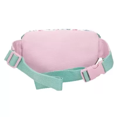 Bolsa de cintura rosa com alça verde água e fivela rosa
