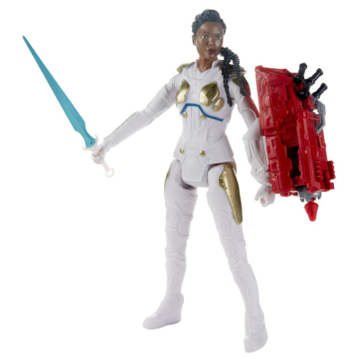 Figura de ação feminina com espada azul e escudo vermelho