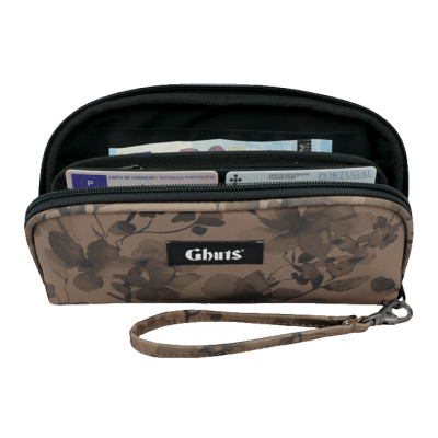 Carteira Gnuts padrão floral castanho com fechos abertos e documentos dentro