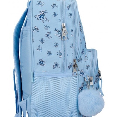 Mochila azul clara com flores e pompom azul