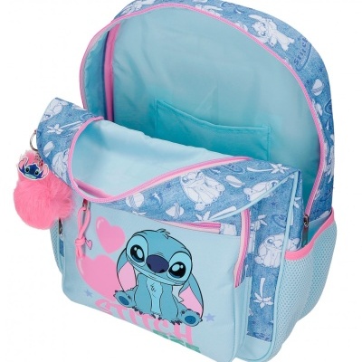 Mochila azul claro com personagem Stitch e detalhes cor-de-rosa
