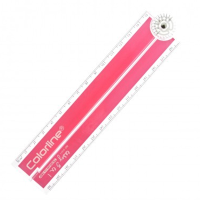 Régua rosa e branca com escala métrica e disco marcador metálico