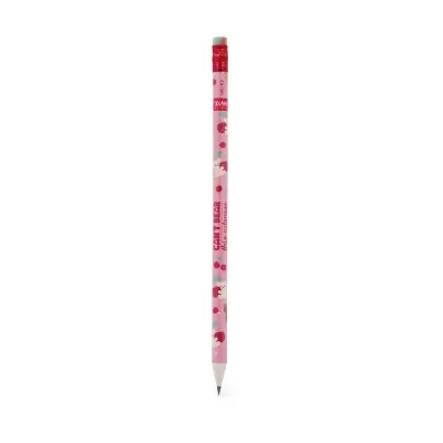 Lápis cor-de-rosa com padrão de cerejas e ursinhos e texto impresso.