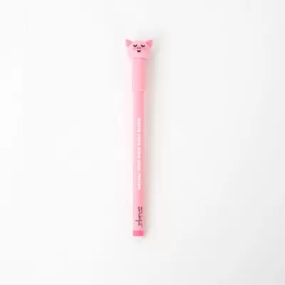 Caneta cor-de-rosa com cabeça de gato e texto impresso