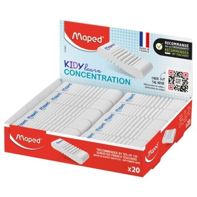 Caixa de borrachas brancas Maped com embalagem vermelha, azul e branca e texto promocional