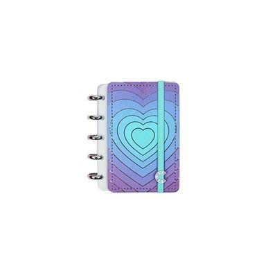 Caderno pequeno azul e roxo com fecho elástico e argolas metálicas