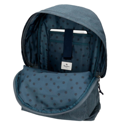 Mochila azul aberta mostrando o interior forrado com tecido azul de bolinhas e suporte para tablet.