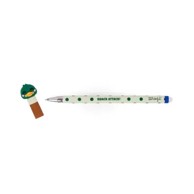Caneta branca com pontos verdes e tampa de borracha com desenho de cabeça de pato