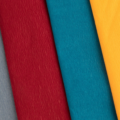 Tecidos lisos em cinzento, vermelho, azul turquesa e amarelo com textura fina