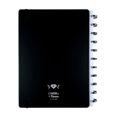 Caderno inteligente preto com capa sintética e fecho em espiral metálico