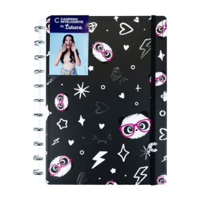 Caderno inteligente preto com desenhos de corujas e estrelas