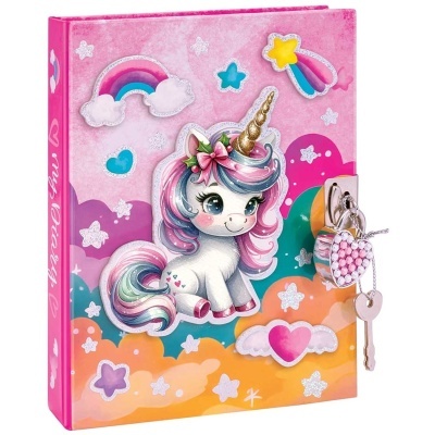 Livro diário com capa de unicórnio e cadeado rosa