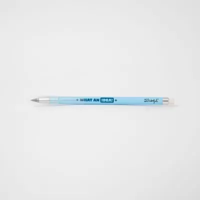 Lápis azul claro com texto 'WHAT AN IDEA' e assinatura 'Mr. Wonderful'