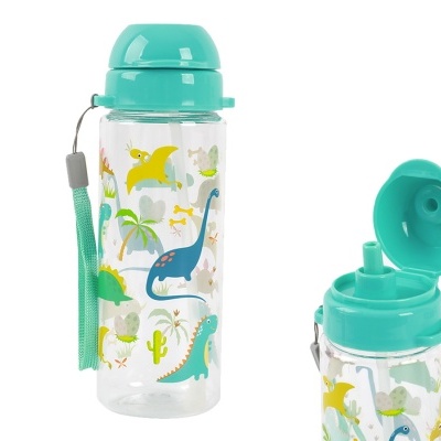 Garrafa de plástico transparente com padrão de dinossauros e tampa azul turquesa
