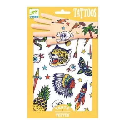 Pacote de tatuagens temporárias com desenhos coloridos variados.