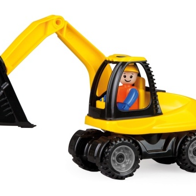 Brinquedo escavadora amarela com figura de trabalhador com capacete