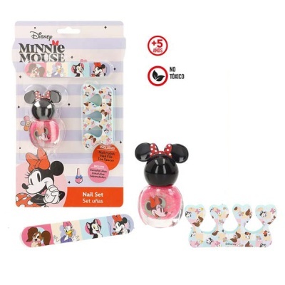 Conjunto de unhas Disney Minnie Mouse com verniz rosa e acessórios decorados