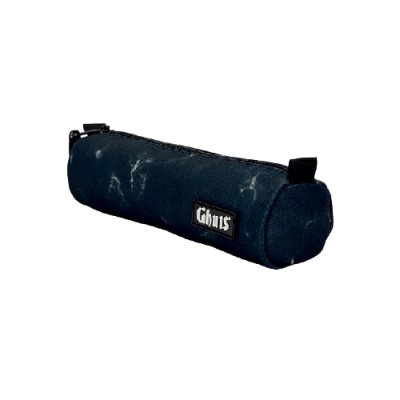 Estojo cylindrical azul escuro marmoreado com fecho de correr e etiqueta Chus