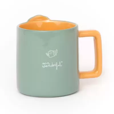 Caneca verde com interior e pega laranja e texto branco mr. wonderful