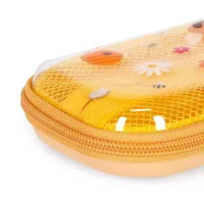Estojo amarelo rede com tampa transparente decorada com flores e abelhas