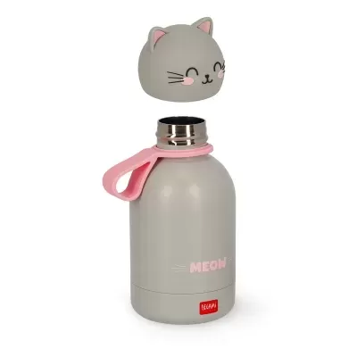 Garrafa térmica cinza com tampa de gato e detalhes rosa