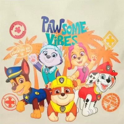 Desenho animado de quatro cães da Patrulha Pata coloridos em fundo bege com palmeiras e texto 'PAWSOME VIBES'.