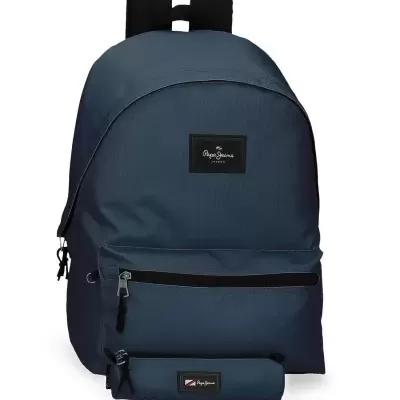 Mochila azul escura com estojo a condizer e etiquetas Pepe Jeans LONDON.
