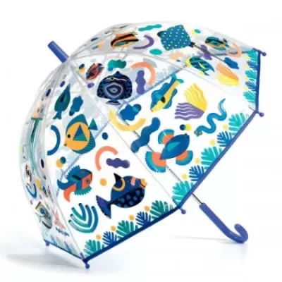 Guarda-chuva transparente com padrões coloridos de peixes e algas