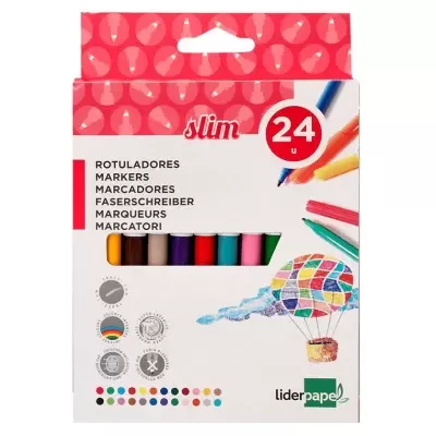 Caixa de marcadores coloridos liderpapel com 24 unidades e embalagem vermelha e branca