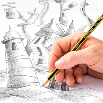 Lápis Staedtler Mars Lumograph 100 HB 2 desenhando em papel com esboços de edifícios