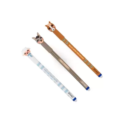 Três lápis decorativos com borrachas de animais e textos inspiradores