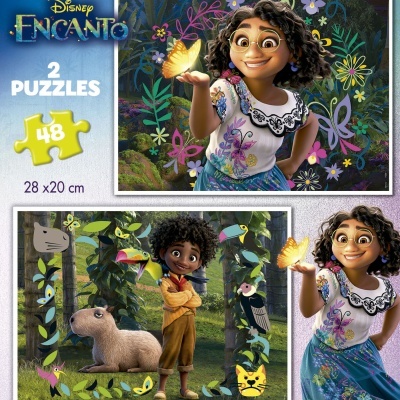Dois puzzles Disney Encanto com personagens animados, flores, animais e borboleta amarela