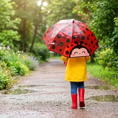 Criança com guarda-chuva de joaninha e capa amarela a andar na chuva em caminho à beira de vegetação verde.