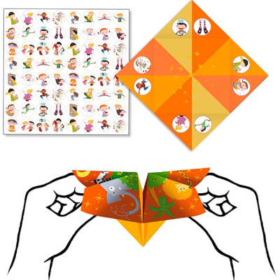 Dobrável de papel colorido com imagens de animais e crianças, mostrado em três etapas de uso.