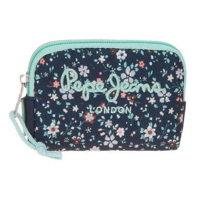 Carteira azul escura com padrão floral e texto Pepe Jeans LONDON