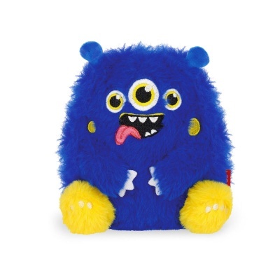 Peluche azul felpudo com três olhos e patas amarelas