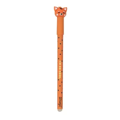 Pena laranja com cabeça de raposa e decoração de pontos pretos.