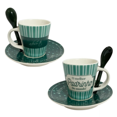 Conjunto de chávenas e pires em cerâmica verde com riscas e texto em português