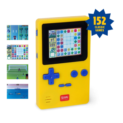 Consola de jogos portátil retro amarela com ecrã colorido e botões azuis
