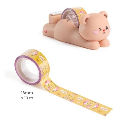 Fita adesiva decorativa amarela com ursinhos e dispensador em forma de urso