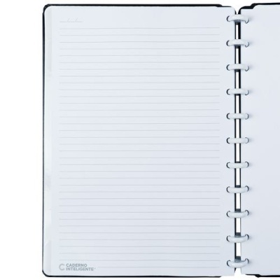 Caderno inteligente com folhas pautadas e argolas brancas