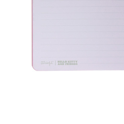Caderneta ou bloco de notas branco com linhas e margem rosa, com texto inferior mr. wonderful e HELLO KITTY AND FRIENDS