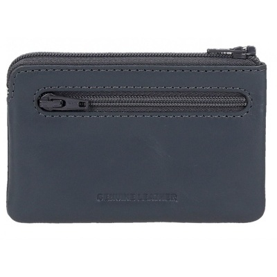 Carteira pequena de pele genuína azul escura com dois fechos de correr