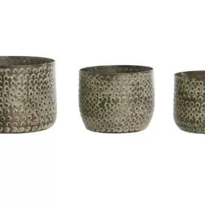 Conjunto três vasos metálicos cinza com textura de pontos
