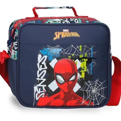 Mala infantil azul escuro com imagem de Spider-Man e teias de aranha