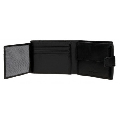 Carteira masculina preta em pele com compartimentos e porta-moedas