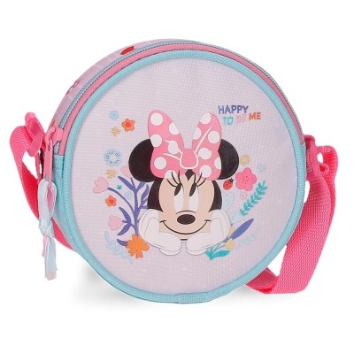 Bolsa redonda infantil da Minnie rosa com florais e alça rosa