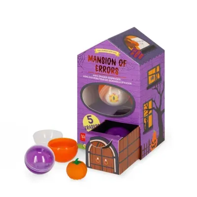 Embalagem em forma de casa roxa Halloween com borrachas e dispensador colorido